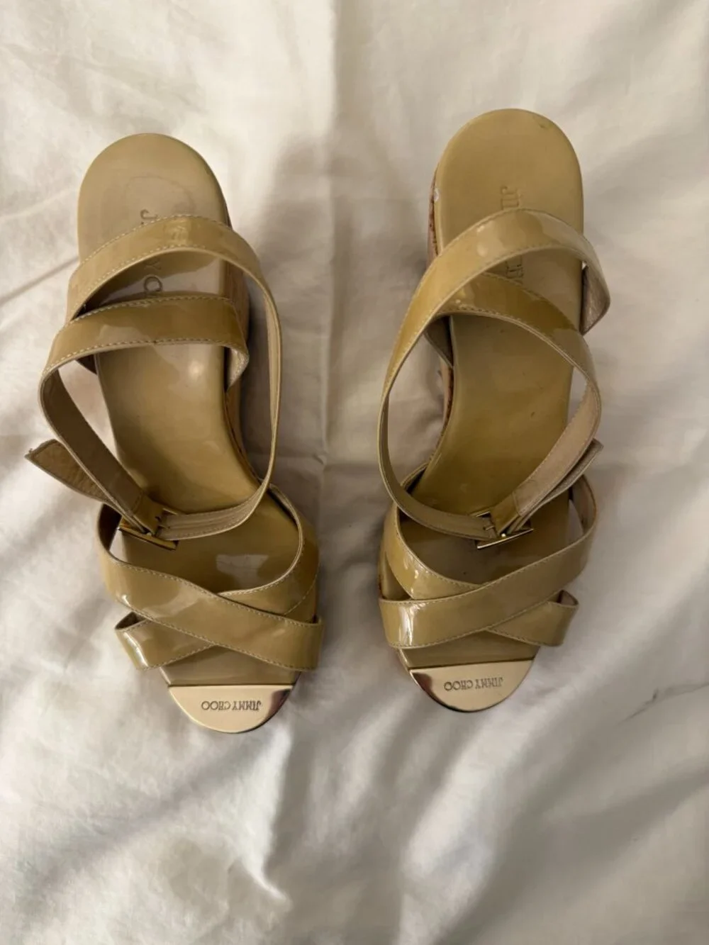 Jimmy Choo 'Papyrus' Nude Patent Leather Cork Wedges Heels Shoes Sandals Size 39